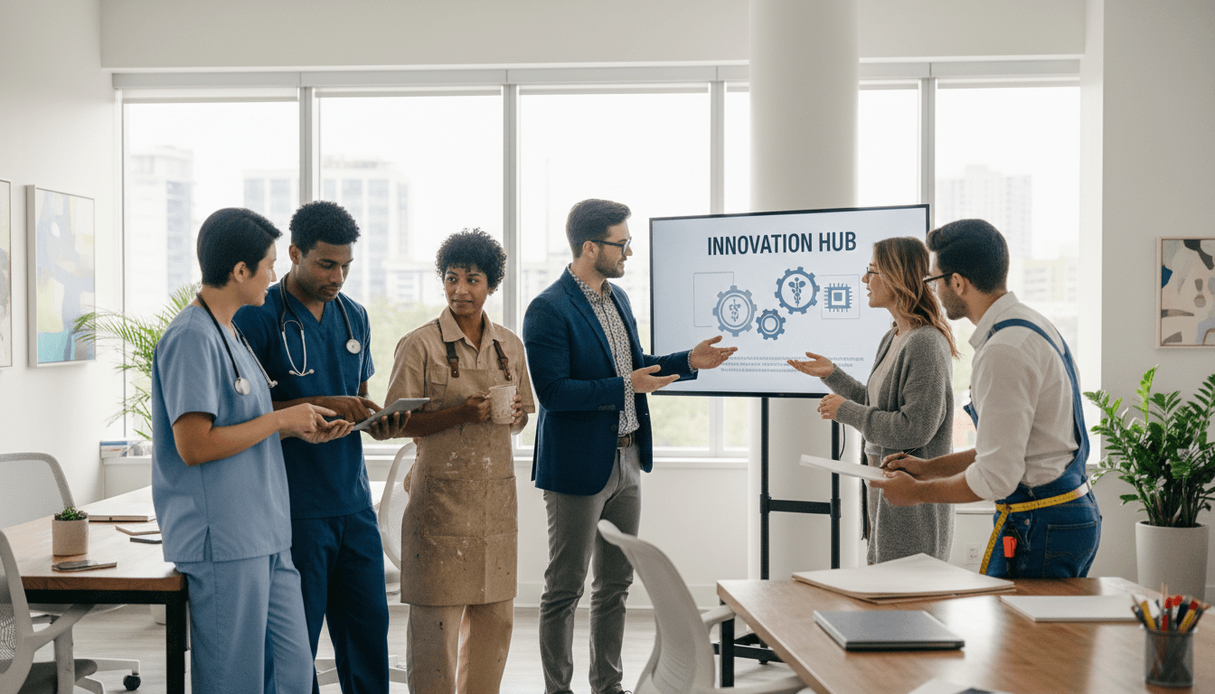 Diverse healthcare professionals collaborating in modern medical facility