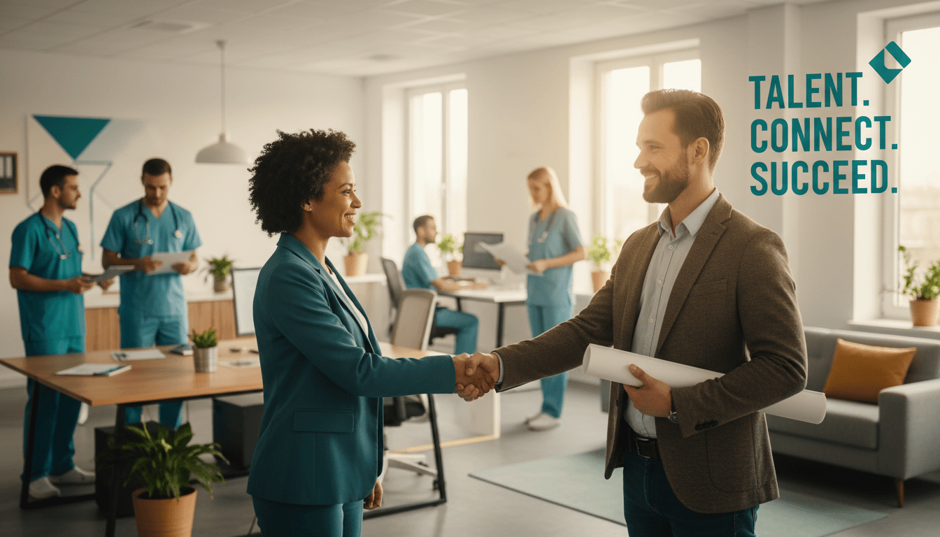 Diverse Fachkräfte aus Gesundheit, Handwerk und Technik bei einer erfolgreichen Personalvermittlung