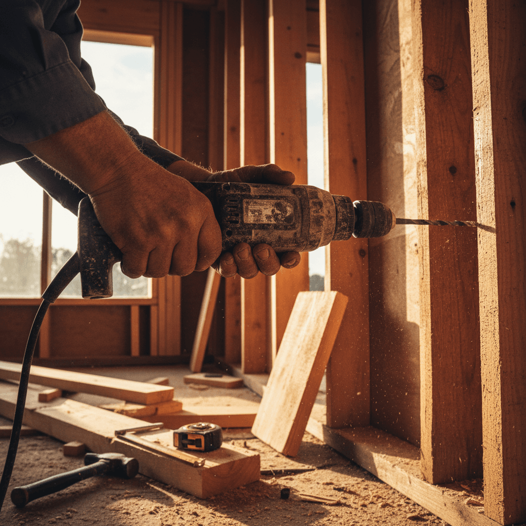 Handwerker bei Bohrarbeiten an Holzrahmen