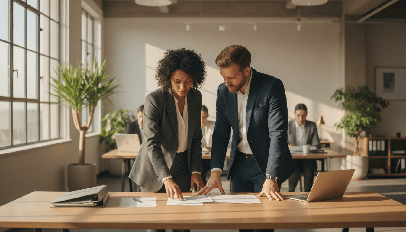 Zwei Fachleute in einem modernen Büro besprechen Kandidatenprofile und Personalvermittlung