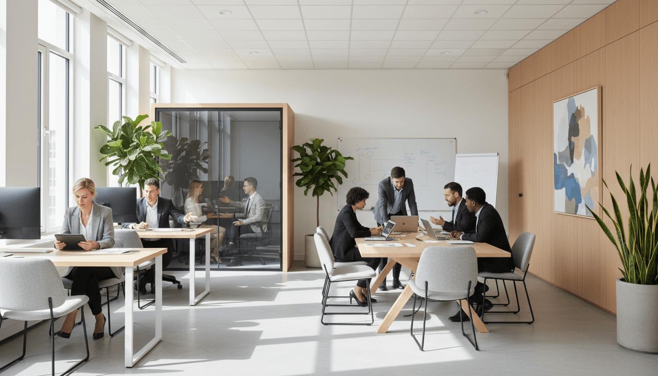 Modernes Büro mit hellen Arbeitsplätzen und Fensterfront