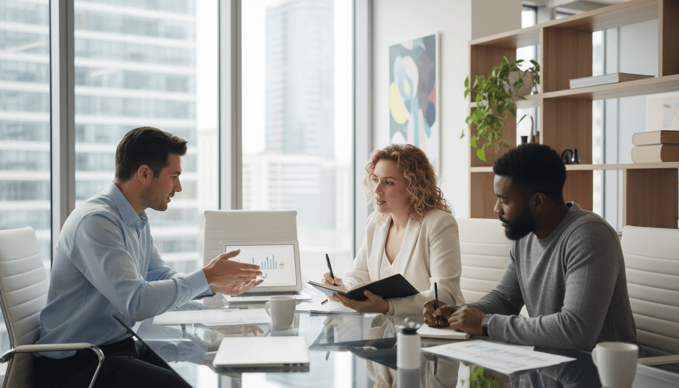 Geschäftsteam beim Treffen und Austausch von Ideen in einem modernen Büro