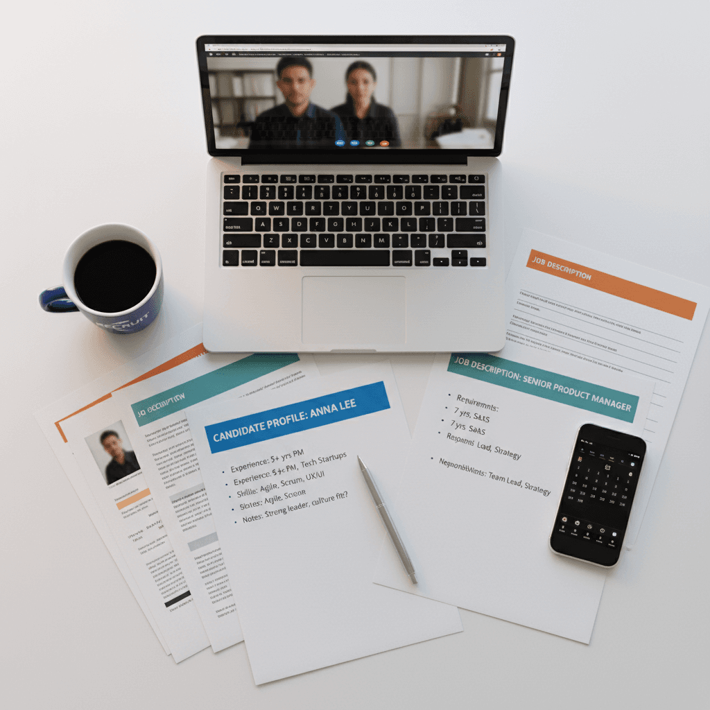 Arbeitsplatz mit Kandidatendossiers und Rekrutierungsmaterialien