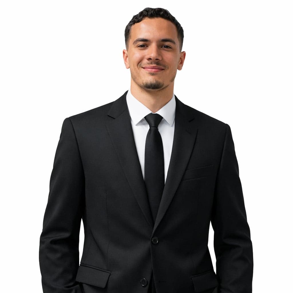 Lächelnder junger Mann in schwarzem Anzug, weißem Hemd und schwarzer Krawatte vor weißem Hintergrund.