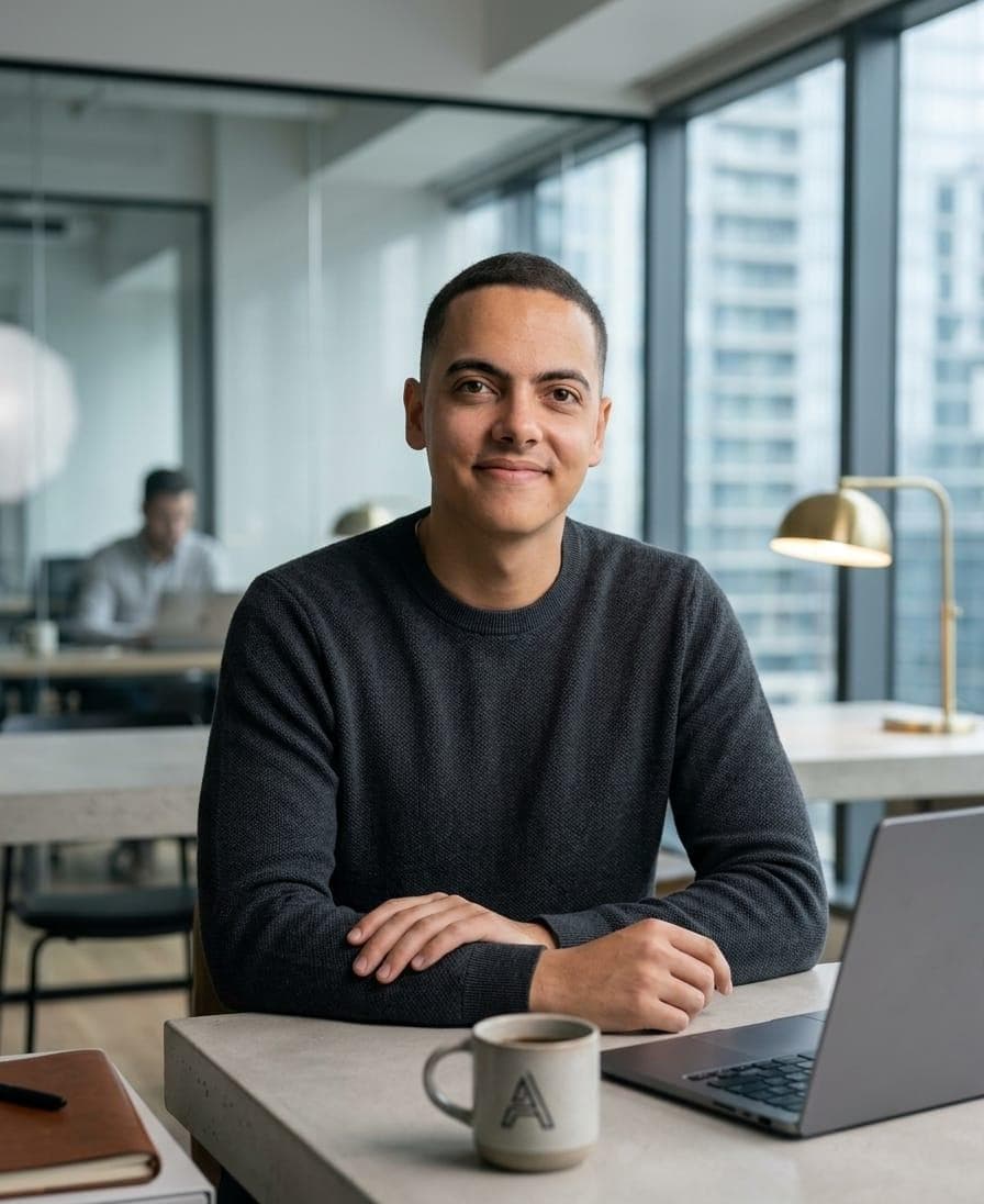 Ein lächelnder Mann im grauen Pullover sitzt an einem modernen Büroschreibtisch mit einem Laptop.