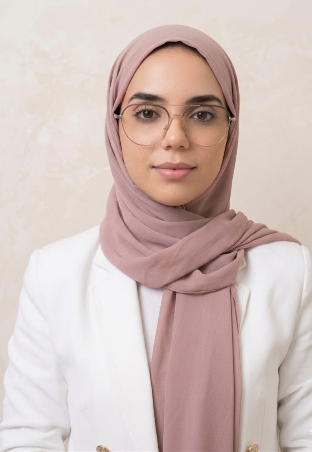 Porträt einer Frau mit Brille, mauvefarbenem Hidschab und weißem Blazer vor einem hellen Hintergrund.